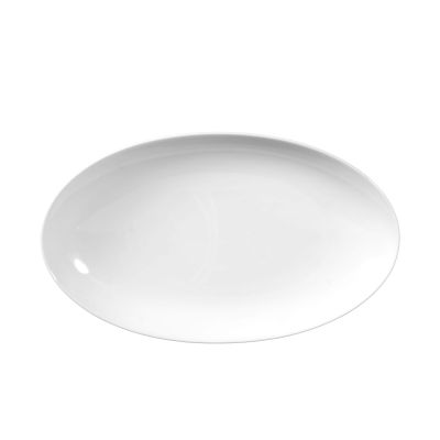 Servierplatte in Weiß; Draufsicht. Sichtbare Gestaltung: oval, flach und mit leicht erhöhtem Rand.