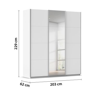 Kleiderschrank in Weiß mit Spiegel und Maßangaben 203 cm Breite, 229 cm Höhe und 62 cm Tiefe