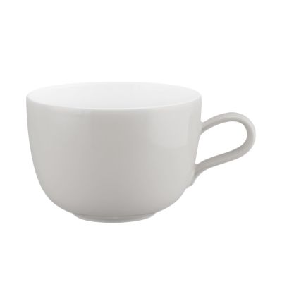 Tasse in Grau und Weiß; Seitenansicht. Sichtbare Gestaltung: graue Außenseite, weißer Innenraum und Henkel.