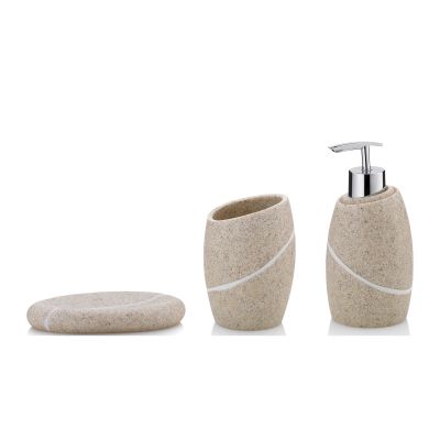 Beige Seifenschale Zahnputzbecher und Seifenspender mit einheitlicher strukturierter Oberfläche
