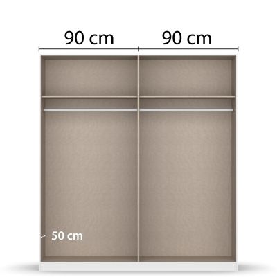 Innenansicht eines 4-türigen Kleiderschranks mit zwei Bereichen, Einlegeböden und Kleiderstangen, jeweils 90 cm breit