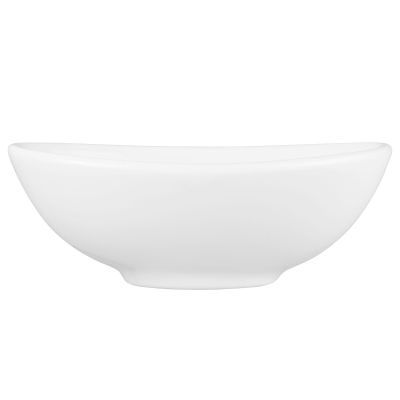 Schale in Weiß; Seitenansicht. Sichtbare Gestaltung: oval, kompakt und weich gerundet.