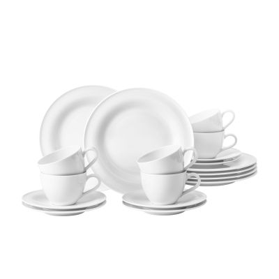 zusammengestellte Ansicht: Kaffeeservice in Weiß. Erkennbar: Tassen und Teller mit dezentem Rillenrand.