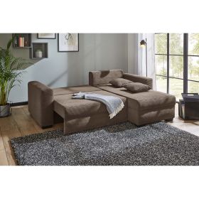 Braunes Ecksofa mit ausgeklappter Liegefläche und Ottomane in modernem Wohnzimmer