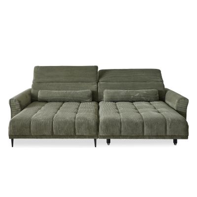 Großes Sofa in grünem Cordstoff mit strukturierter Oberfläche und weicher Polsterung.