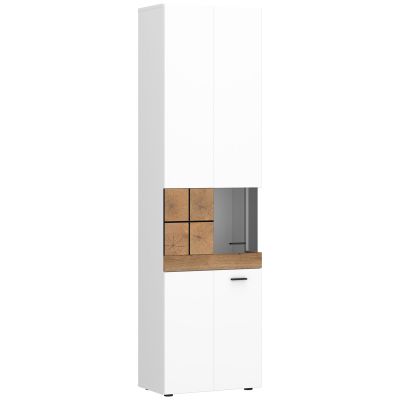 Moderne Vitrine mit geschlossenen Fächern, offenem Präsentationsfach und dekorativen Holzakzenten in Weiß und Holzoptik