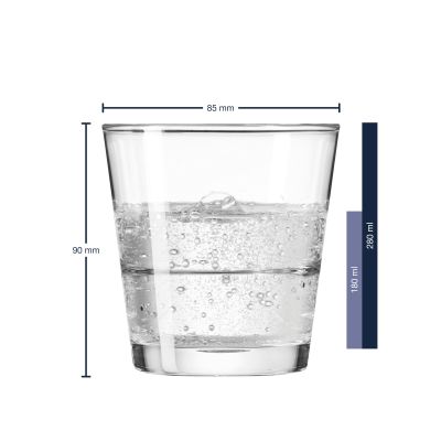 Nahaufnahme eines Trinkglases mit sprudelndem Wasser und Maßangaben 85 mm Durchmesser und 90 mm Höhe