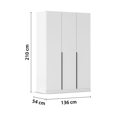 Weißer 3-türiger Kleiderschrank mit Maßangaben Breite 136 cm, Höhe 210 cm und Tiefe 54 cm