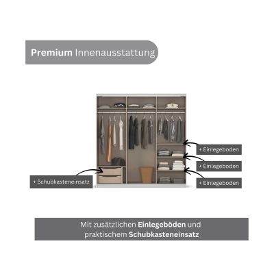 Innenansicht eines Kleiderschranks mit Einlegeböden, Kleiderstangen und integriertem Schubkasteneinsatz für zusätzlichen Stauraum