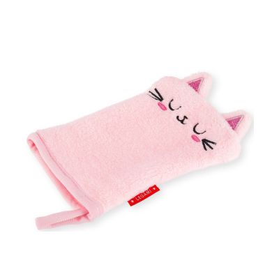 Rosafarbener Abschminkhandschuh im Katzen-Design, flach in schräger Ansicht auf weißem Hintergrund gezeigt.