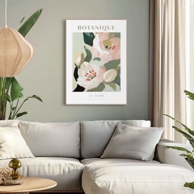 Das Wandbild „Botanique“ in Grün, 50 × 70 cm, hängt in einem eingerichteten Wohnraum und zeigt die Größenwirkung an der Wand.