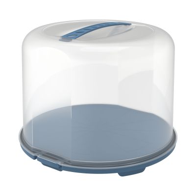 Transparente runde Tortenhaube aus Kunststoff mit blauem Tablett und Griffmulde im Deckel