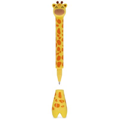 Gelber Kugelschreiber mit Giraffen-Standfuß, mit getrenntem Stift über dem Tier-Standfuß dargestellt.
