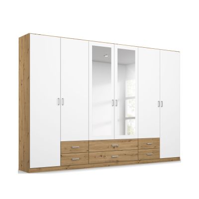Sechstüriger Kleiderschrank mit Korpus in Dekor Eiche Artisan und Fronten in Alpinweiß, zwei mittlere Spiegeltüren und sechs Schubladen