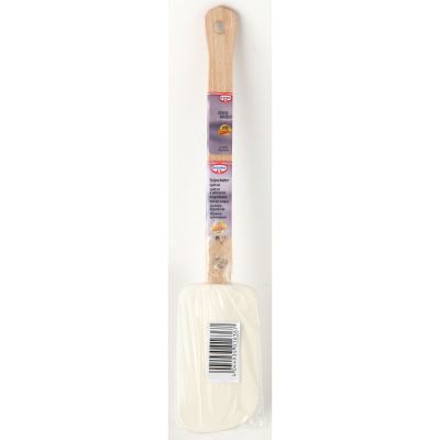 Verpackter Teigschaber von Dr Oetker mit Holzgriff und weißem Silikonkopf
