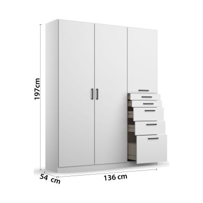 Weißer Kleiderschrank mit drei Türen und Schubladen, Maßangaben Höhe 197 cm, Breite 136 cm, Tiefe 54 cm