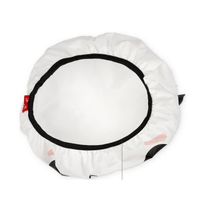 Weiße Duschhaube im Panda-Design, von innen mit Futter und umlaufendem Gummizug dargestellt.