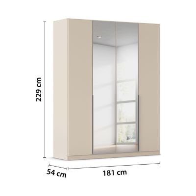 Champagnerfarbener Kleiderschrank mit Spiegeltüren und eingezeichneten Maßen 181 cm Breite, 229 cm Höhe und 54 cm Tiefe