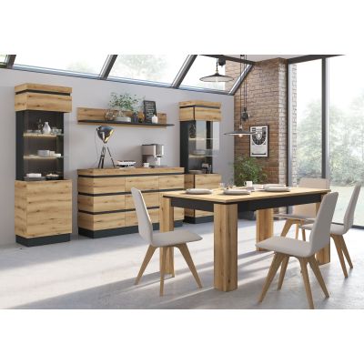 Moderne Esszimmereinrichtung Coast mit Kommode, Vitrinen, Wandboard und Esstisch in Evoke Eiche mit Kosmos Grau
