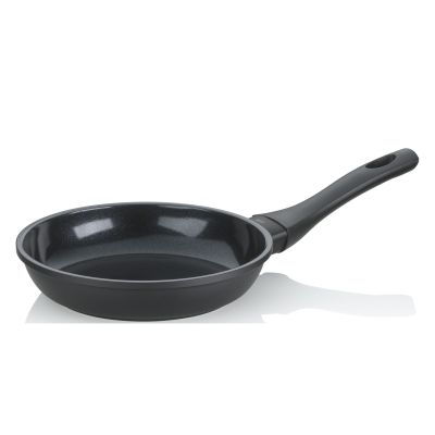 Runde schwarze Bratpfanne mit hohem Rand und langem ergonomischem Griff