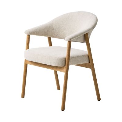Moderner Polsterstuhl mit heller Stoffpolsterung und Gestell aus massiver Eiche, gepolsterte Rückenlehne und Sitzfläche im skandinavischen Design