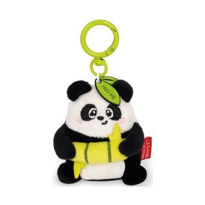 Panda-Plüsch-Schlüsselanhänger mit Bambus, frontal mit Schlüsselring auf weißem Hintergrund dargestellt.