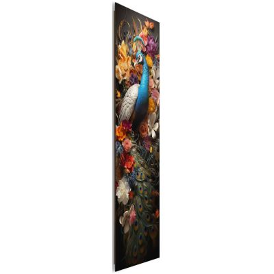 Seitliche Schrägansicht des Wandbilds „Colourful Peacock“, 30 × 90 cm; Profil, Kante und Tiefe des Bildes sind erkennbar.