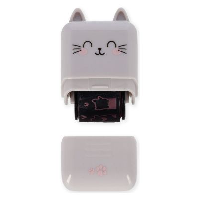 Grauer Deko-Rollstempel im Katzen-Design, mit abgenommener Kappe und sichtbarer Stempelwalze dargestellt.