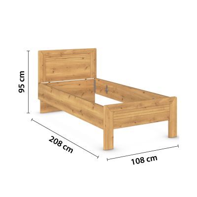 Einzelbett in Eicheoptik mit eingezeichneten Maßen Höhe 95 cm, Länge 208 cm und Breite 108 cm