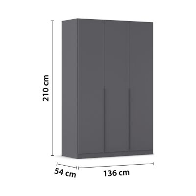 Grau-Metallicer 3-türiger Kleiderschrank mit Maßangaben Breite 136 cm, Höhe 210 cm und Tiefe 54 cm