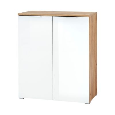 Weißer Schuhschrank mit Holzseitenteilen und Oberplatte in Holzoptik