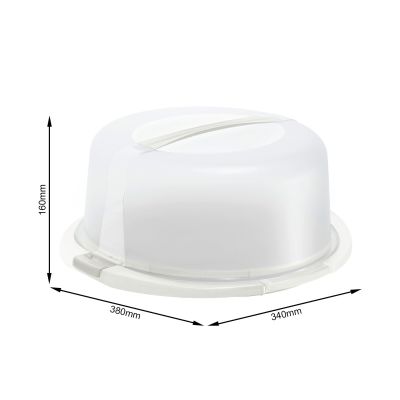 Transparente Kuchenhaube auf Unterteller mit eingezeichneten Abmessungen des Produkts