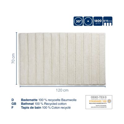 Technische Produktgrafik der Megan-Badematte mit 70 × 120 cm und Hinweis auf vollständig recycelte Baumwolle.