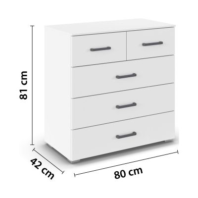 Weiße Kommode mit Maßangaben Breite 80 cm, Höhe 81 cm und Tiefe 42 cm mit fünf Schubladen
