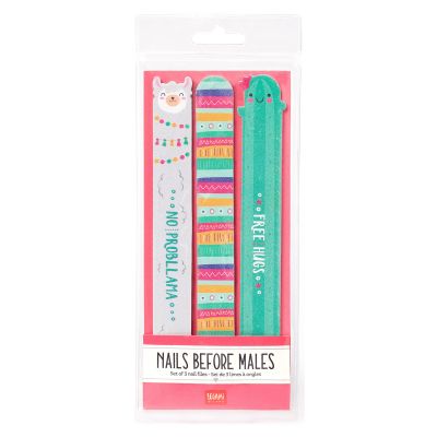 Drei Nagelfeilen mit Lama- und Streifenmotiven, in einer pinkfarbenen Blisterverpackung abgebildet.
