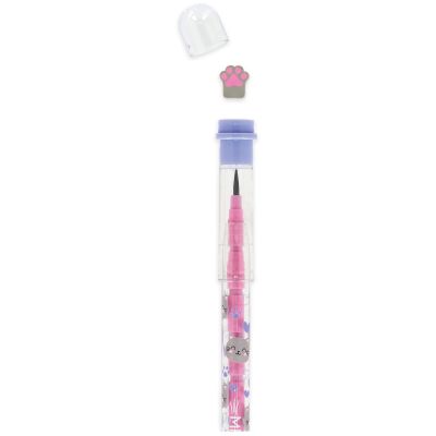Rosa Stapelbleistift mit Katzenradierer, mit abgenommenem transparentem Schutz- oder Radieraufsatz über dem Stift gezeigt.