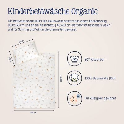 Informationsgrafik mit Maßen des Bettwäsche-Sets 100 × 135 Zentimeter und 40 × 60 Zentimeter sowie Symbolen zu Bio-Baumwolle, Waschbarkeit bei 60 Grad und Allergikerfreundlichkeit