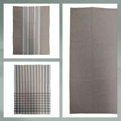 Detailcollage mit schmalen Längsstreifen feinem Karomuster und einfarbiger grauer Stoffoberfläche