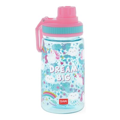 Türkis-rosa Kindertrinkflasche im Einhorn-Design, geschlossen mit seitlichem Tragegriff frontal dargestellt.