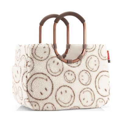 Shopper mit Ringgriffen von Reisenthel, Modell Loopshopper L, in Creme und Braun mit Smiley-Muster aus Teddyfleece, frontal mit zwei ovalen Ringgriffen