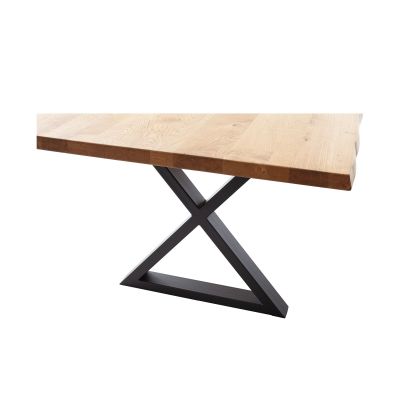Detailansicht der Holzplatte mit einem schwarzen X-förmigen Metallgestell, vor weißem Hintergrund.
