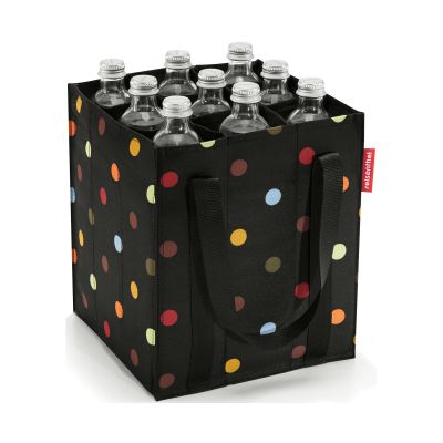 Flaschentasche von Reisenthel, Modell Bottlebag, in Schwarz mit bunten Punkten, schräg von vorn mit mehreren eingesetzten Getränkeflaschen.