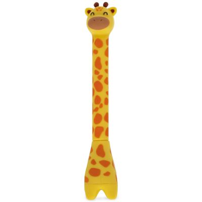 Gelber Kugelschreiber mit Giraffen-Standfuß, senkrecht in den passenden Tier-Standfuß eingesetzt gezeigt.