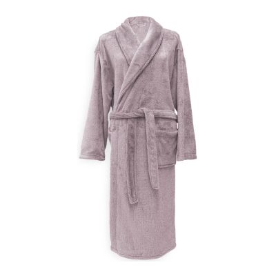 Cara Bademantel in Pale Pink, Größe S: langer Bademantel aus einfarbigem, flauschig wirkendem Stoff, mit Schalkragen, Bindegürtel und Taschen in Ganzansicht.