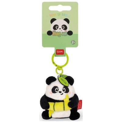 Panda-Plüsch-Schlüsselanhänger mit Bambus, an der Vorderseite der Kartonaufhängung gezeigt.