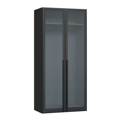 Drehtürenschrank mit zwei geschlossenen Glasfronten und dunklem Korpus