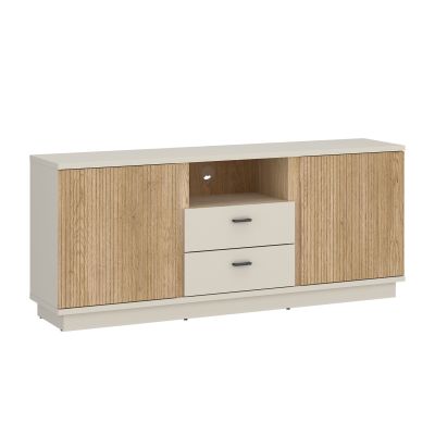 Geradliniges Sideboard in Kaschmir und Eiche mit zwei Türen, vier mittigen Schubladen und modernem Design