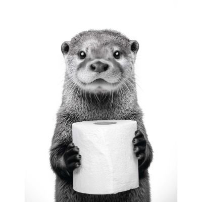 Schwarz-weißes Tierbild mit einem aufrecht stehenden Otter, der eine weiße Tasse mit beiden Vorderpfoten vor weißem Hintergrund hält
