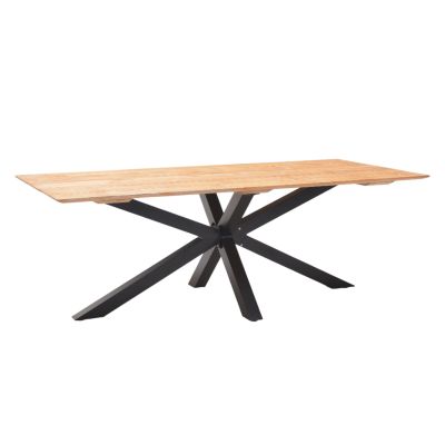 Moderner Esstisch mit rechteckiger Holzplatte und pulverbeschichtetem Kreuzgestell aus schwarzem Metall im Industrial-Stil.