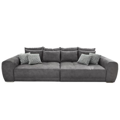 Bigsofa in Grau, Stellmaß 134x306 cm, mit großen Kissen in Dunkelgrau und kleinen Kissen in Hellgrau
